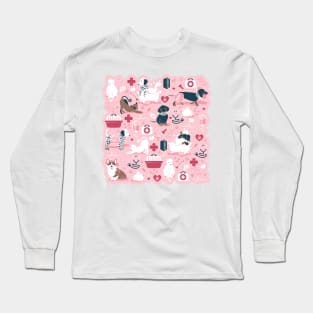 Veterinary medicine, happy and healthy friends // pastel pink background red details navy blue white and brown cats dogs and other animals Long Sleeve T-Shirt